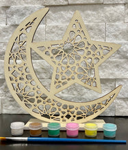 Load image into Gallery viewer, Laser Cut Wood Star &amp; Moon in a Geometric Design
